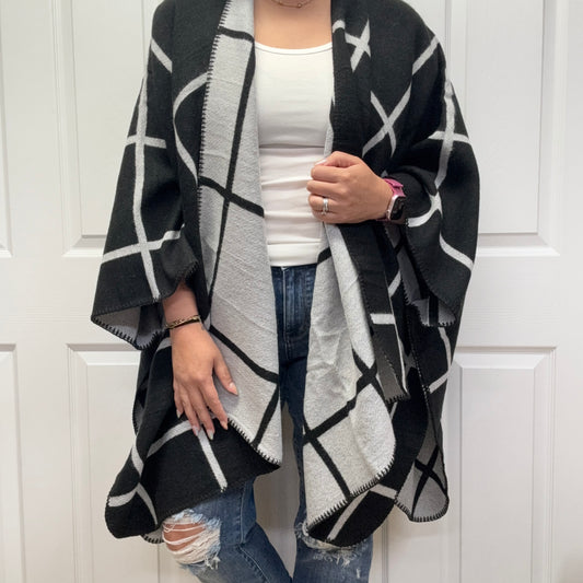 Dual-Tone Check Printed Cozy Reversible Ruana