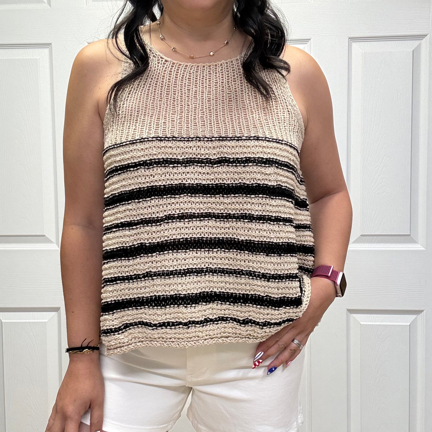 Relaxed Fit Striped Crochet Knit Tank