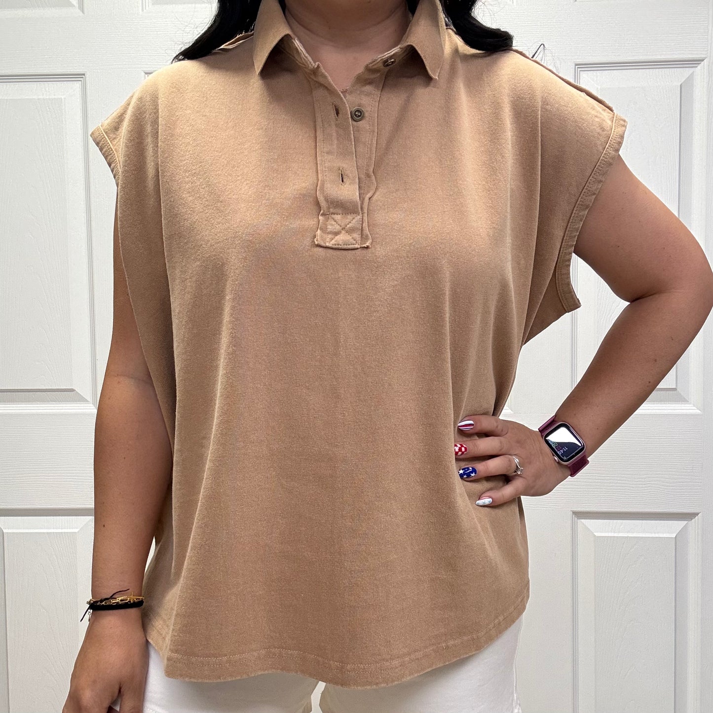 Oversized Cap Sleeve Polo Top