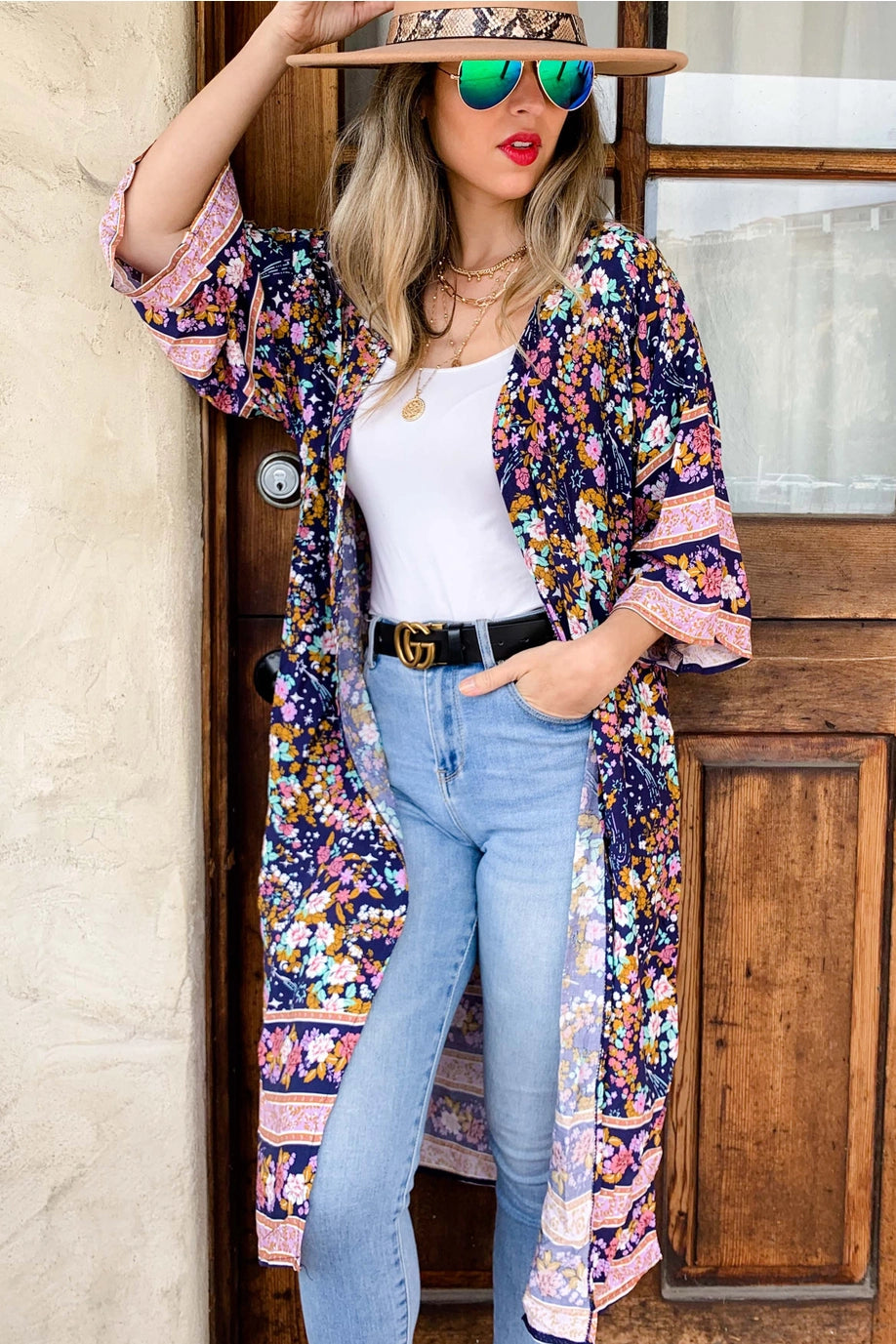 Navy Floral Border Printed Short Sleeve Kimono