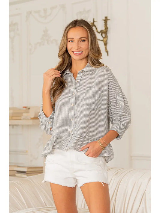 3/4 Sleeves Striped Shirt with Ruffle Hem