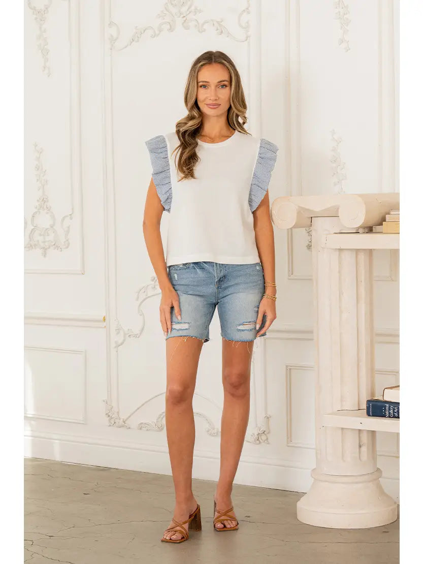Relaxed Fit Ruffle Sleeve Round Neck Top