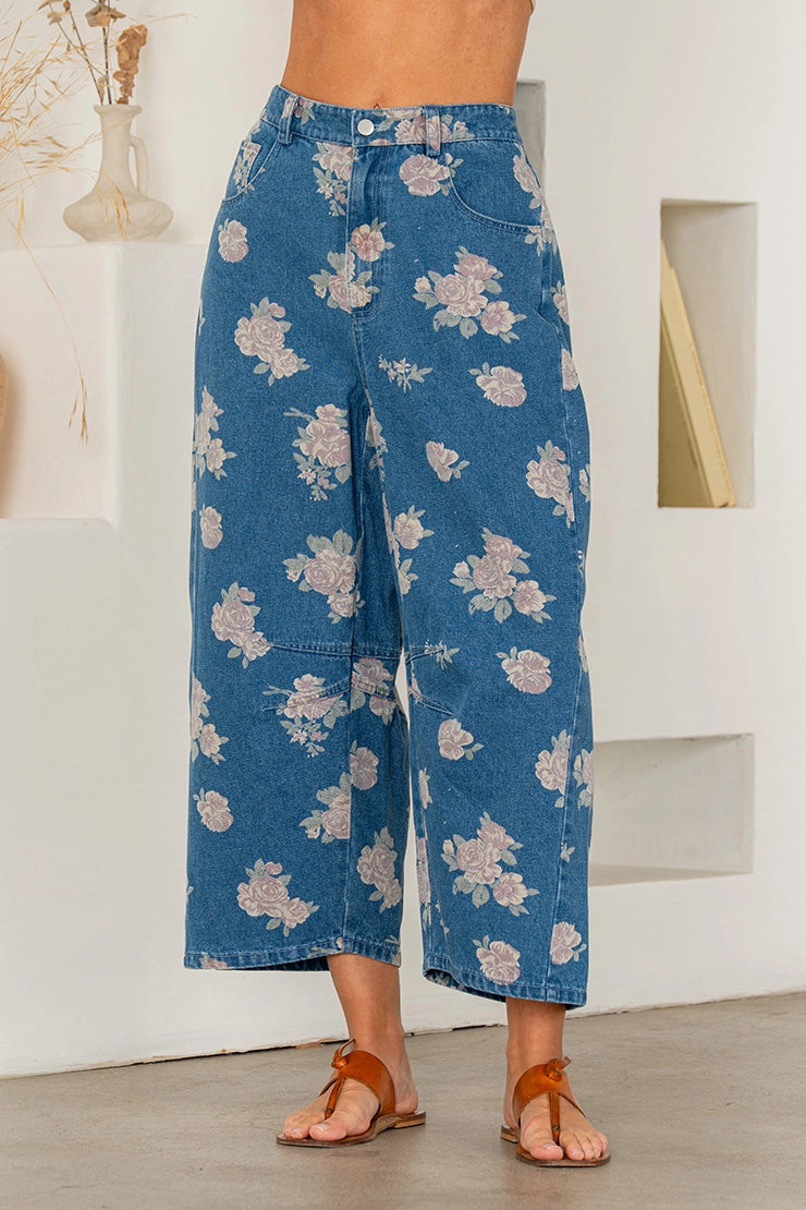 Relaxed Fit Floral Denim Wide Leg Pants