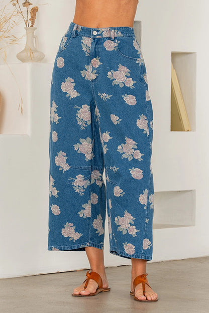 Relaxed Fit Floral Denim Wide Leg Pants