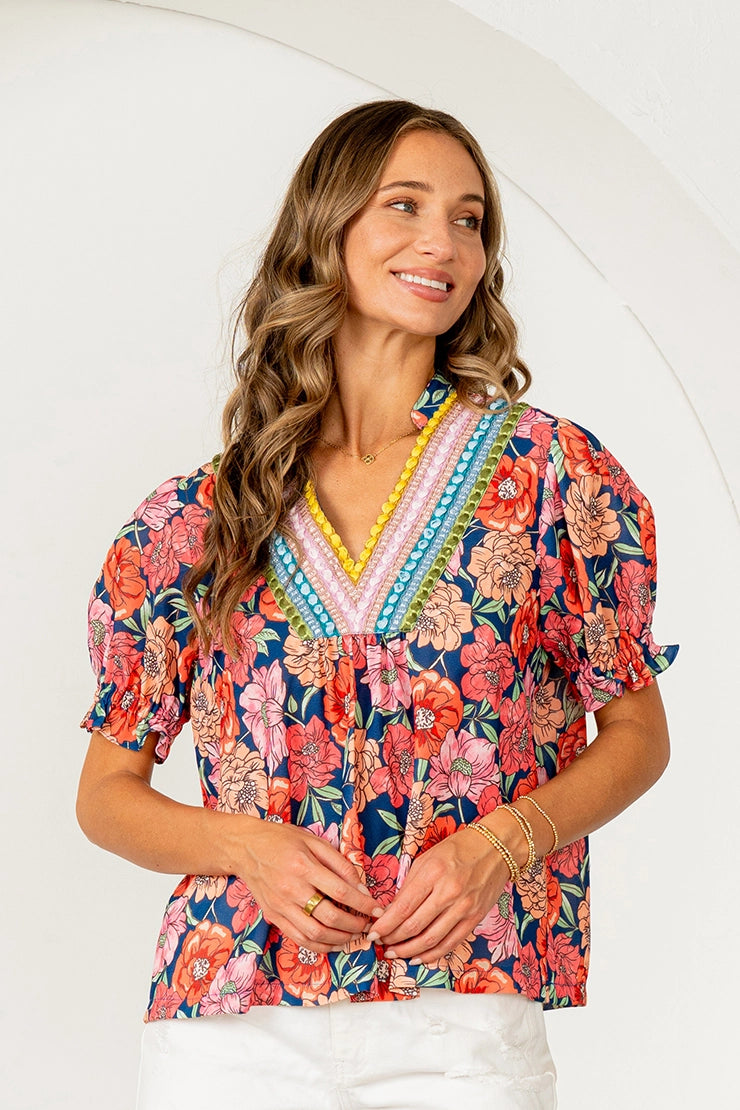 Relaxed Fit Floral Embroidered V Neck Top
