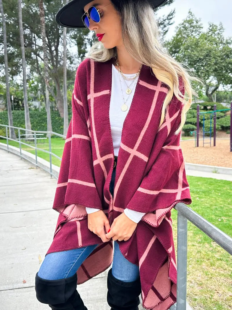 Dual-Tone Check Printed Cozy Reversible Ruana