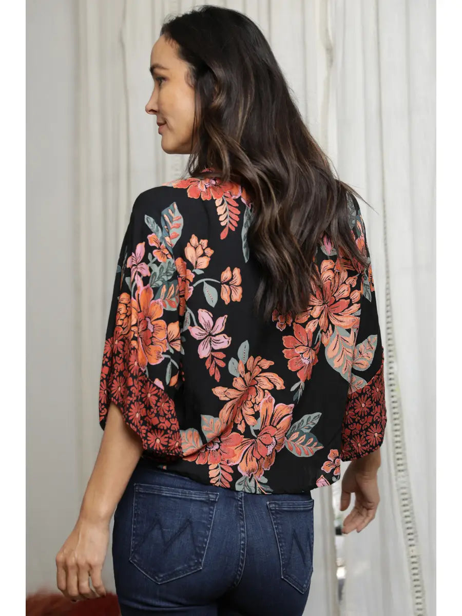 V Neck Kimono Sleeve Tie Waist Blouse