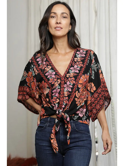 V Neck Kimono Sleeve Tie Waist Blouse
