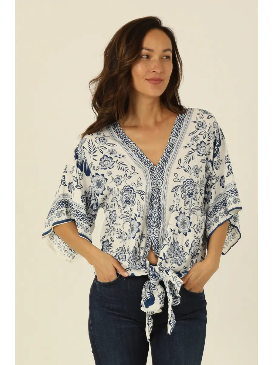 V Neck Kimono Sleeve Tie Waist Blouse