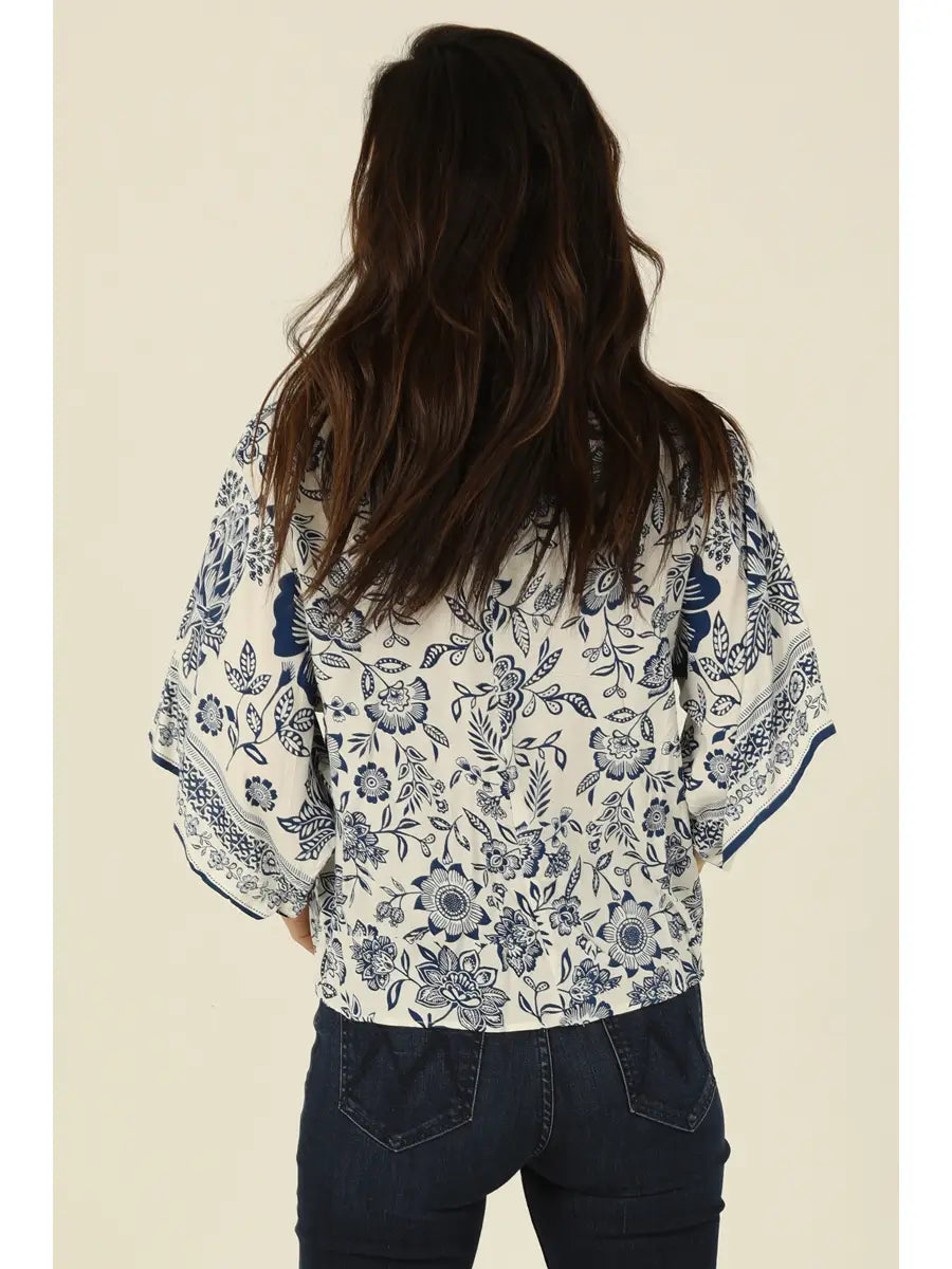 V Neck Kimono Sleeve Tie Waist Blouse