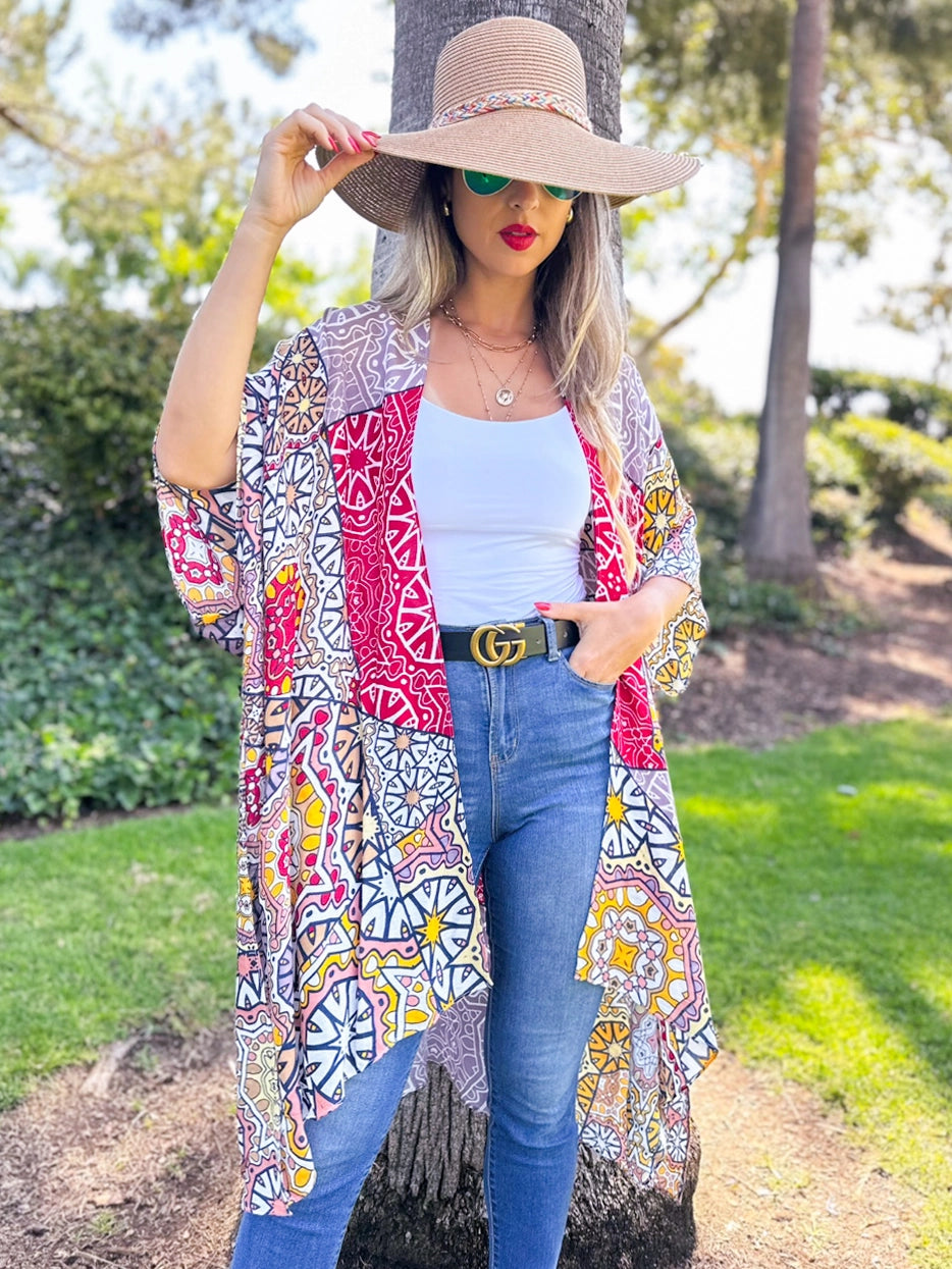 Lightweight Boho Patchwork Print Open Front Kimono