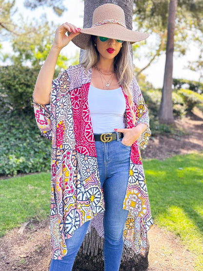 Lightweight Boho Patchwork Print Open Front Kimono