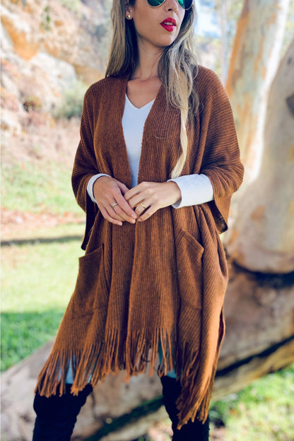 Soft Knit Open Front Pocket Ruana Cardigan