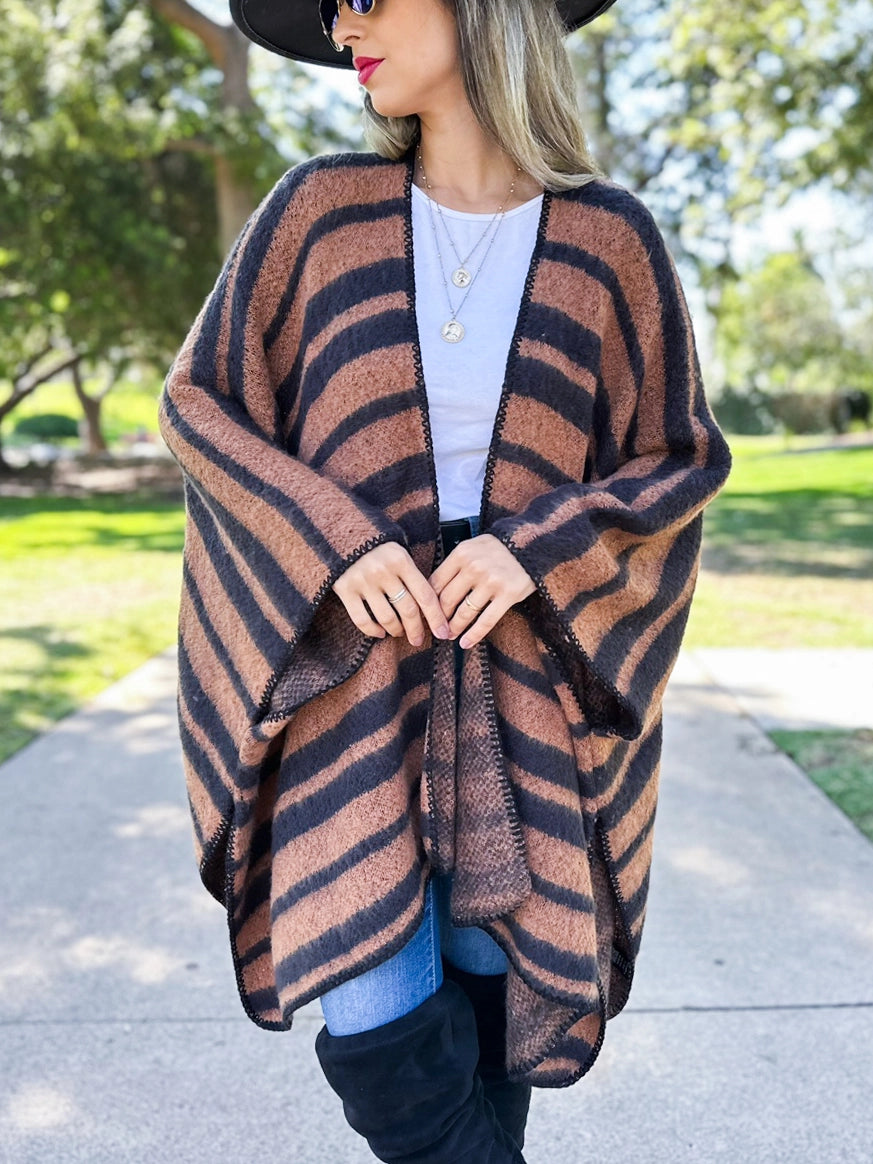 Brown Contemporary Stripe Knitted Ruana with Stitch Detail