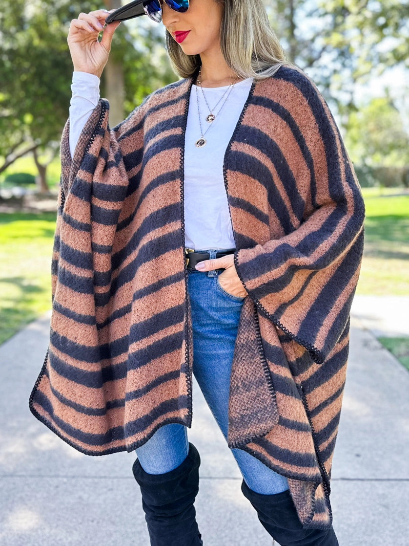 Brown Contemporary Stripe Knitted Ruana with Stitch Detail