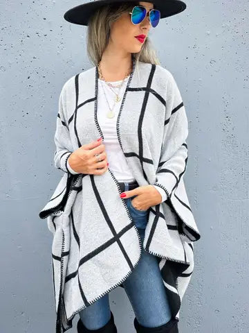 Dual-Tone Check Printed Cozy Reversible Ruana