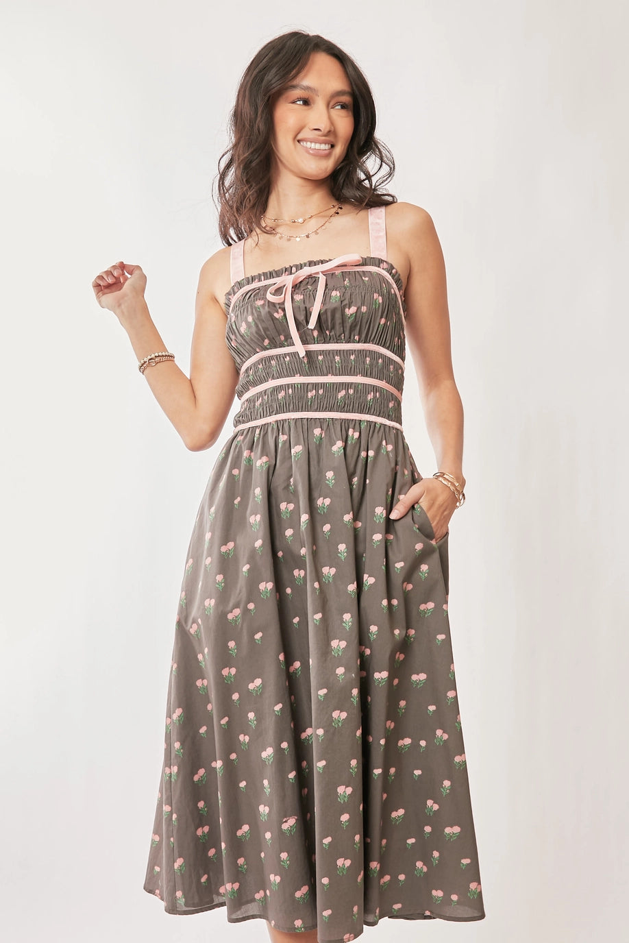 Contrast Velvet Tape Smocking Bodice Midi Dress