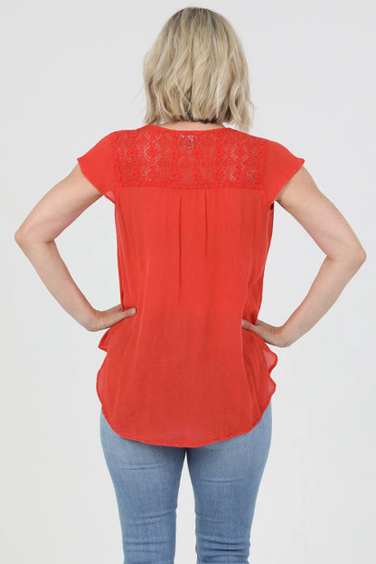 V Neck Tie Waist Top with Embroidery and Lace