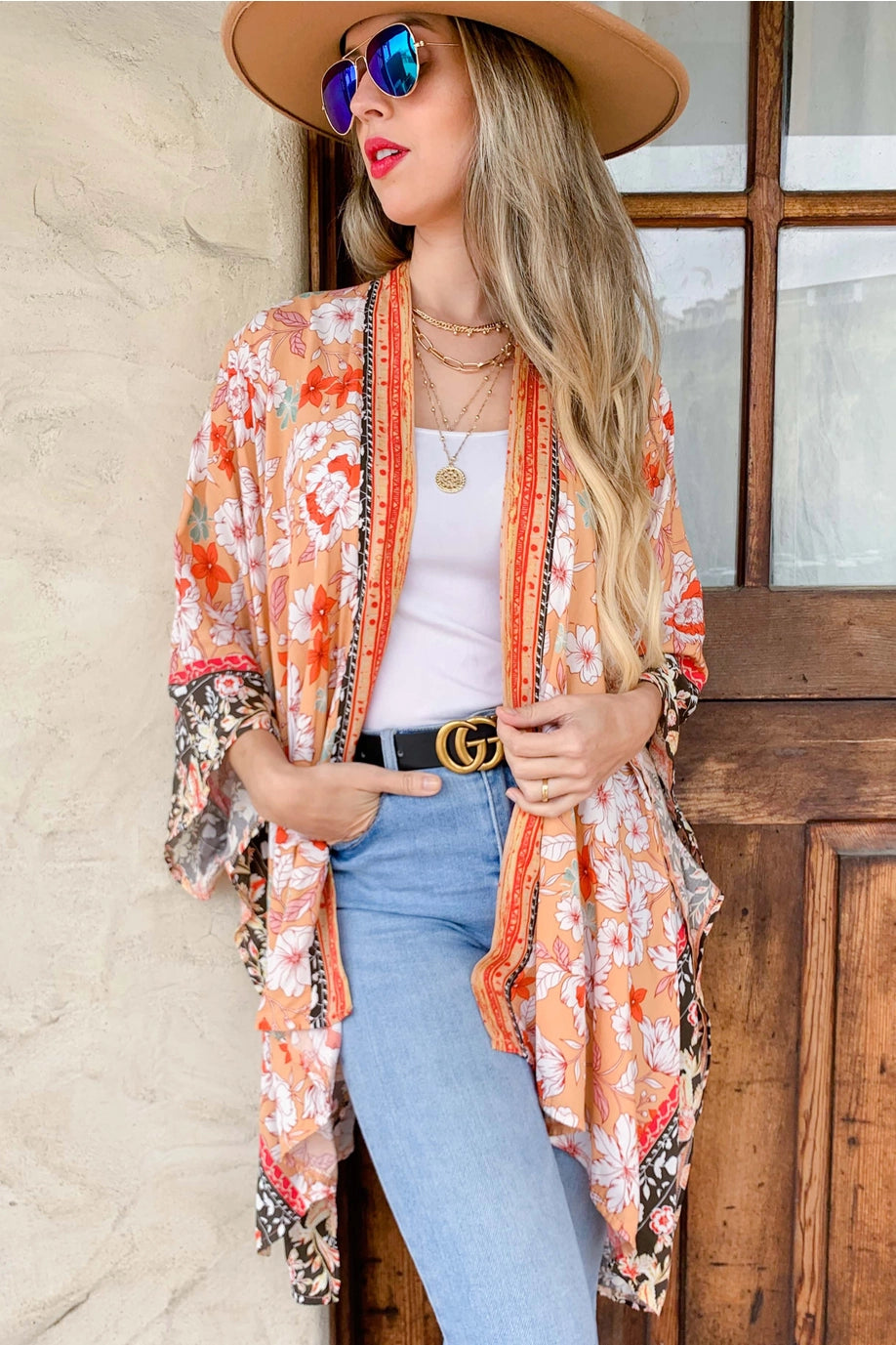 Peach Boho Floral Border Printed Lightweight Kimono