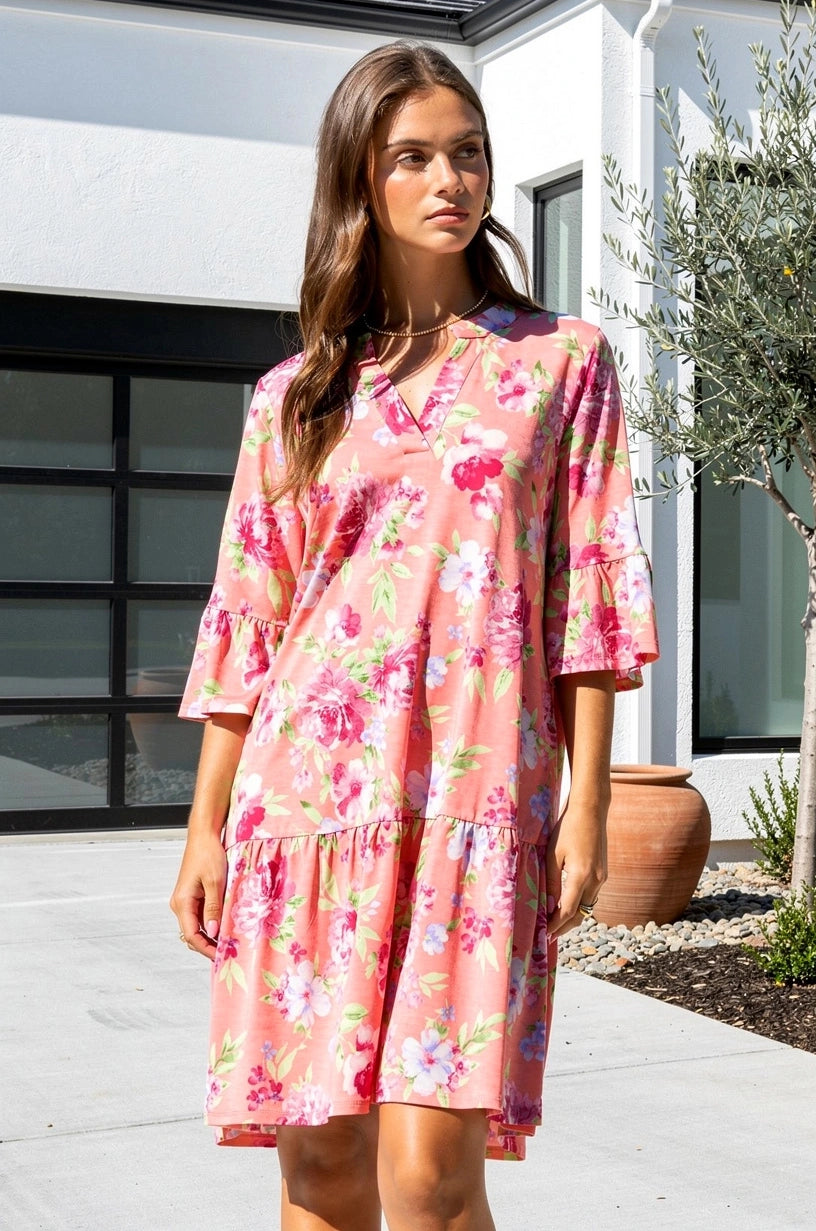 Floral Print Shirred Tiered 3/4 Sleeve Dress
