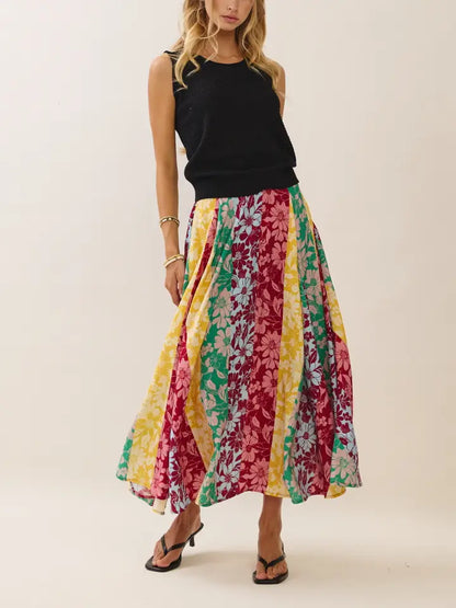 Mixed Floral Printed Midi Skirt