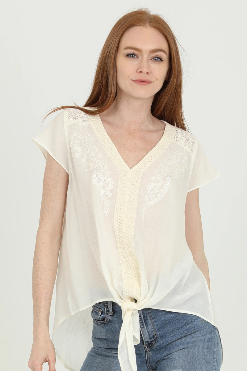 V Neck Tie Waist Top with Embroidery and Lace