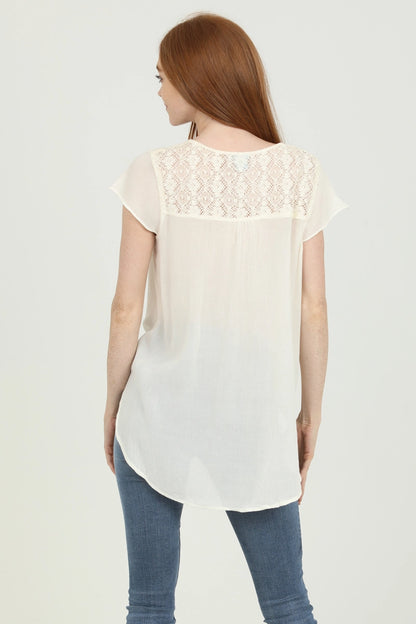 V Neck Tie Waist Top with Embroidery and Lace