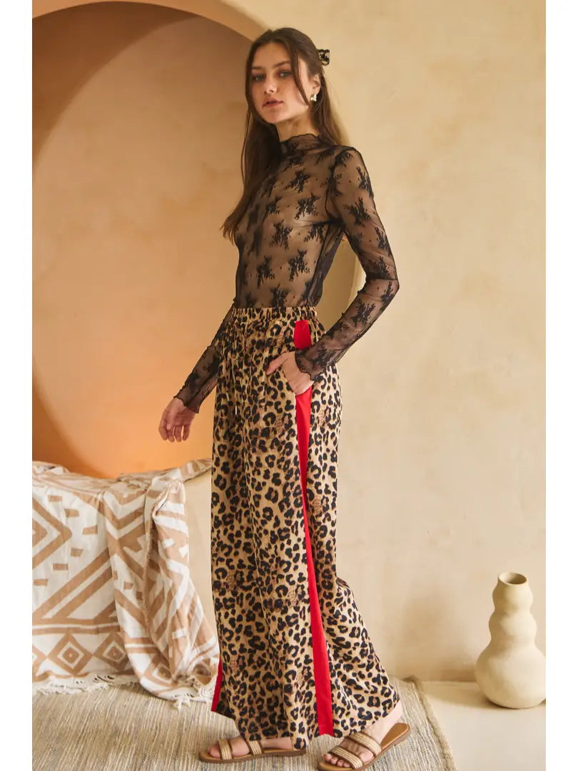 Leopard Printed Pants with Red Stripe
