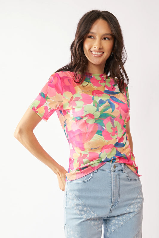 Flower Printed Mesh Short Sleeve Top