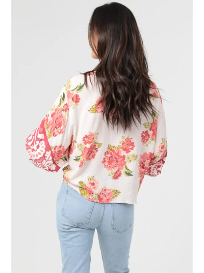 V Neck Kimono Sleeve Tie Waist Blouse