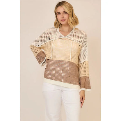 Open Knit Color Block Hoodie Sweater
