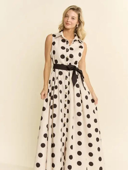 Polka Dot Button Down Belted Shirt Dress