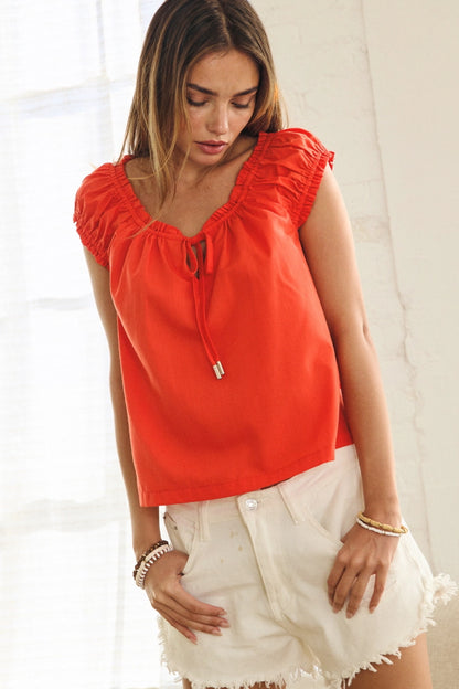 Solid Poplin Cap Sleeve Blouse