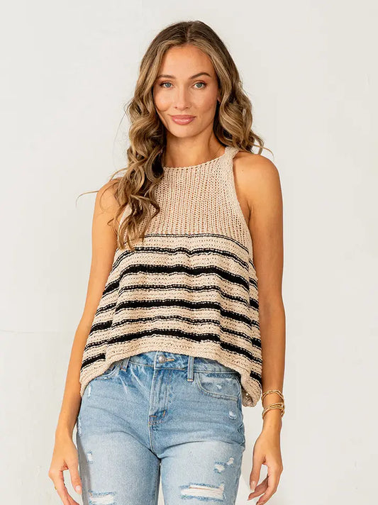 Relaxed Fit Striped Crochet Knit Tank