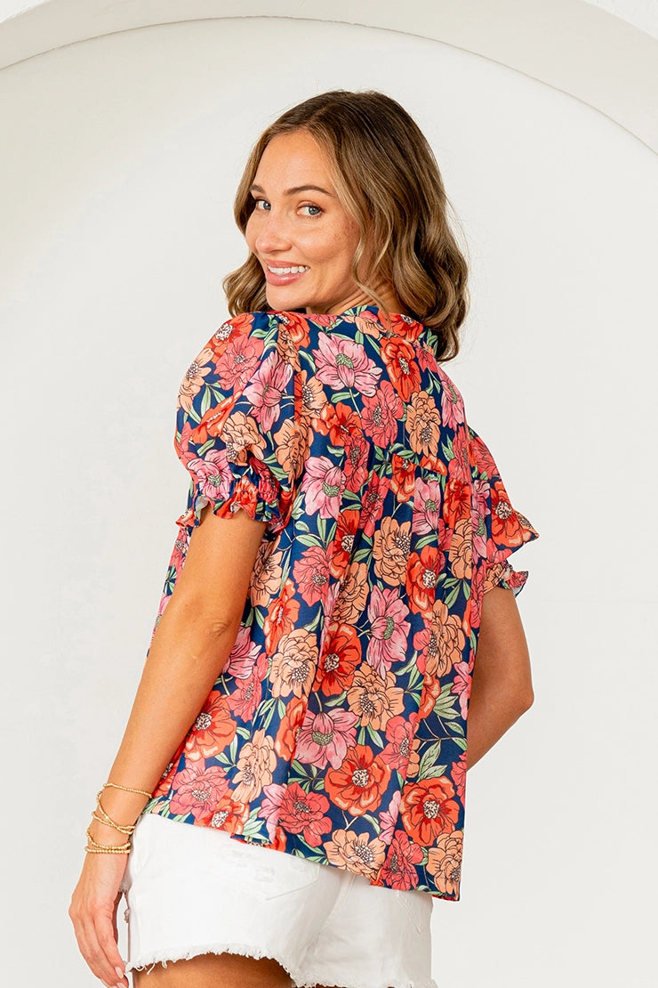 Relaxed Fit Floral Embroidered V Neck Top