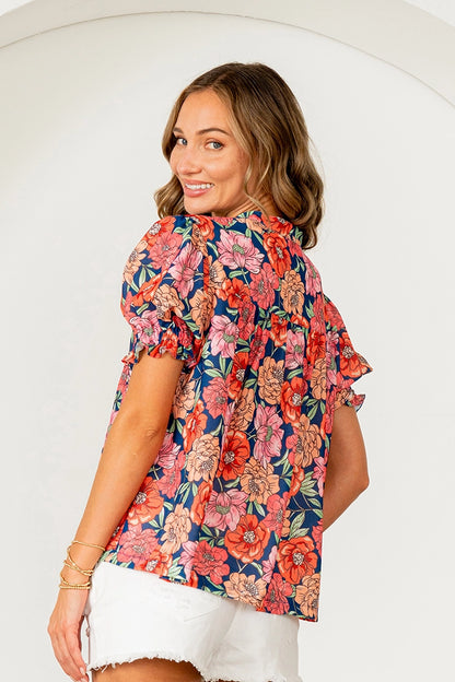Relaxed Fit Floral Embroidered V Neck Top