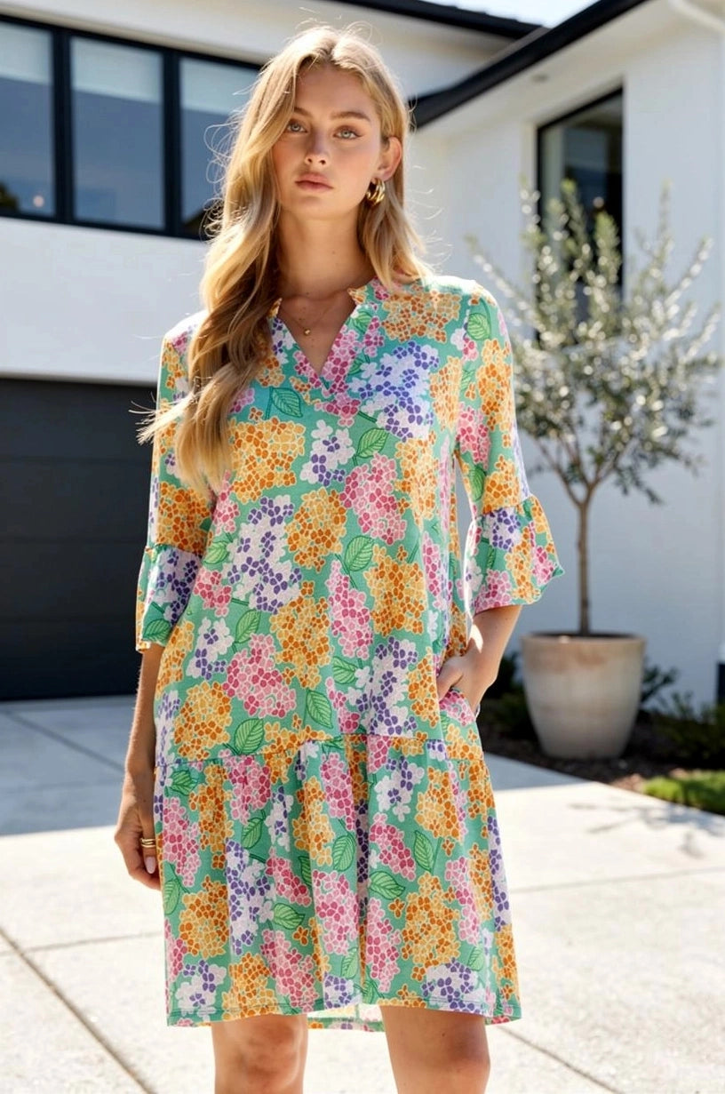 Floral Print Shirred Tiered 3/4 Sleeve Dress