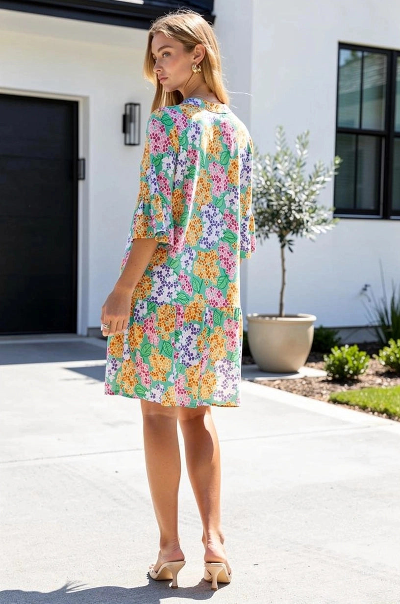Floral Print Shirred Tiered 3/4 Sleeve Dress