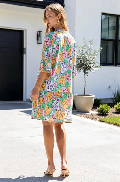 Floral Print Shirred Tiered 3/4 Sleeve Dress