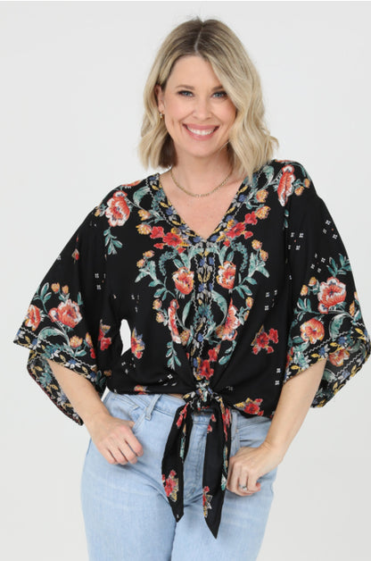 V Neck Kimono Sleeve Tie Waist Blouse