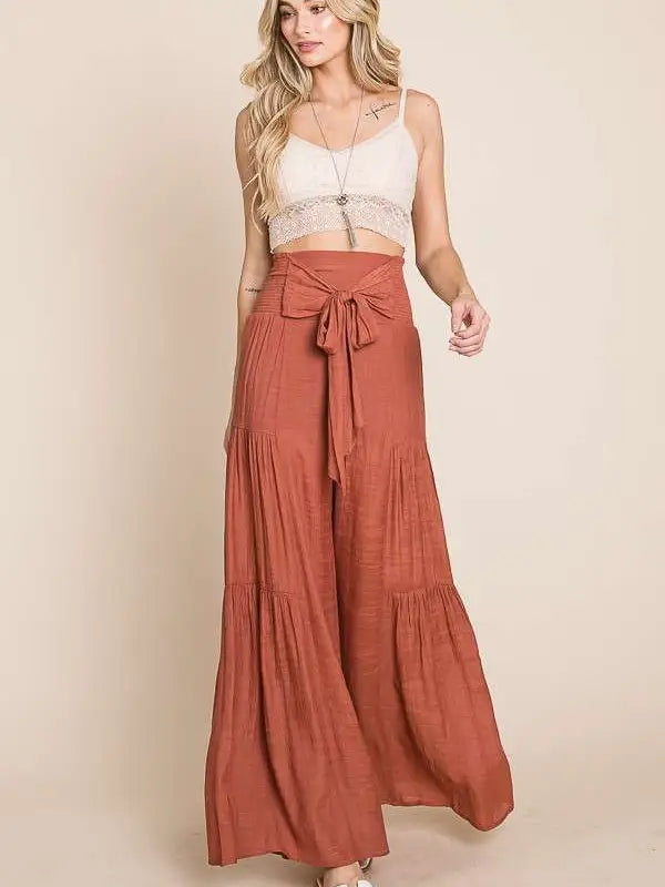 Tie Front Ruched Waist Back Pants