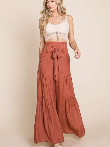 Tie Front Ruched Waist Back Pants